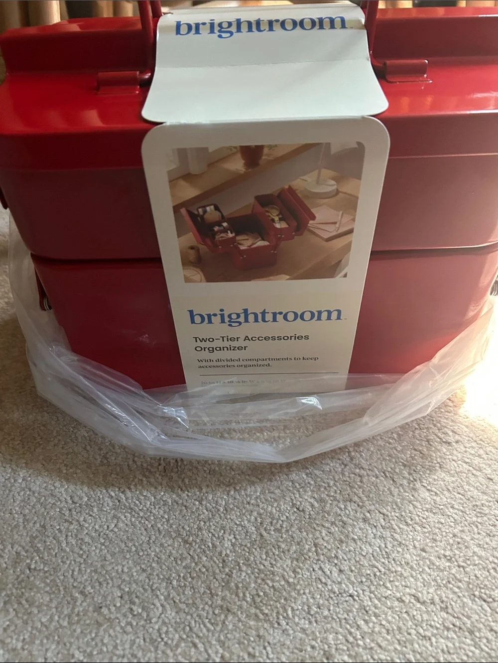 Red Metal Holiday Accessory Organizer , 9.6” H x 10” W x 6.4” D